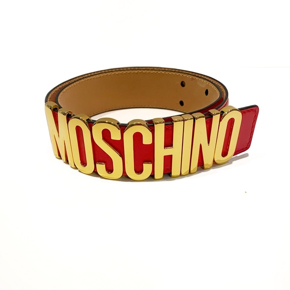 MOSCHINO Red Gold Logo Leather Belt NWT - Picture 7 of 15